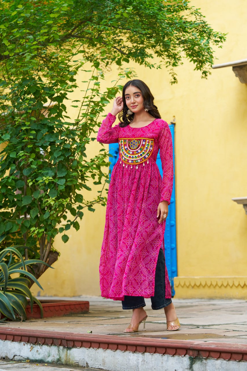 Pink Navratri Special Bandhej Print Kurti with Kutchi Patch Work