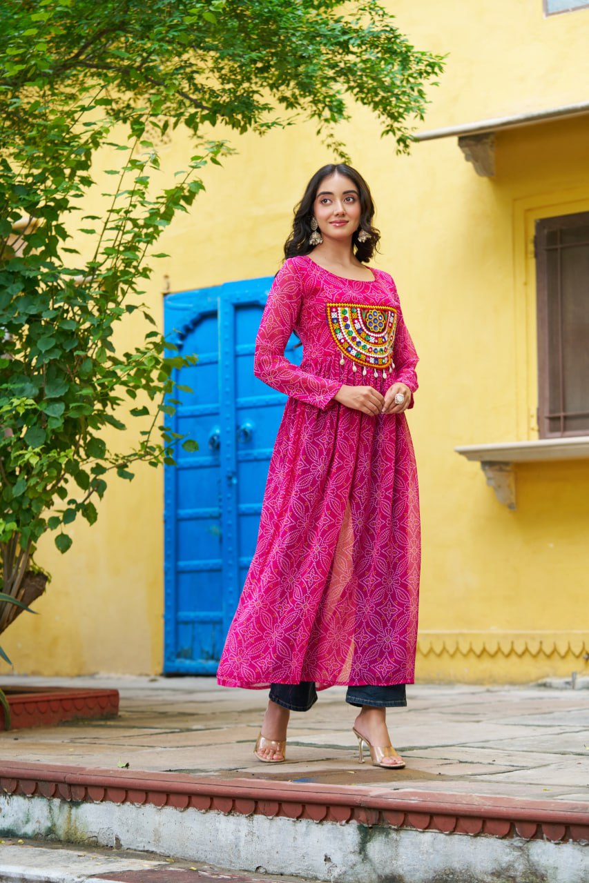 Pink Navratri Special Bandhej Print Kurti with Kutchi Patch Work