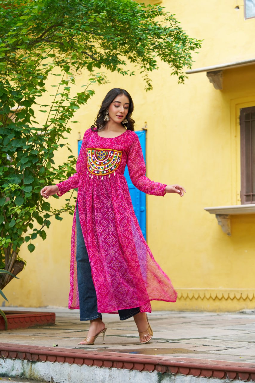 Pink Navratri Special Bandhej Print Kurti with Kutchi Patch Work