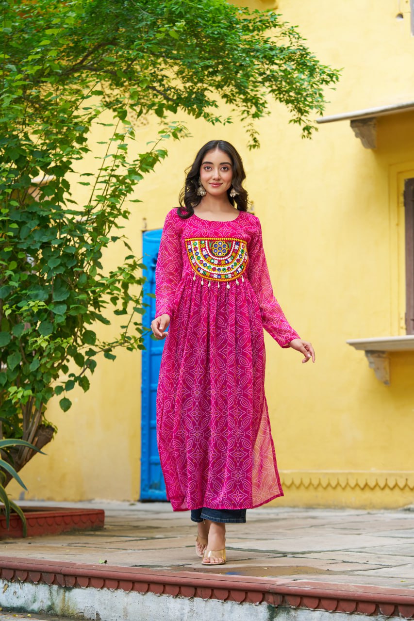Pink Navratri Special Bandhej Print Kurti with Kutchi Patch Work