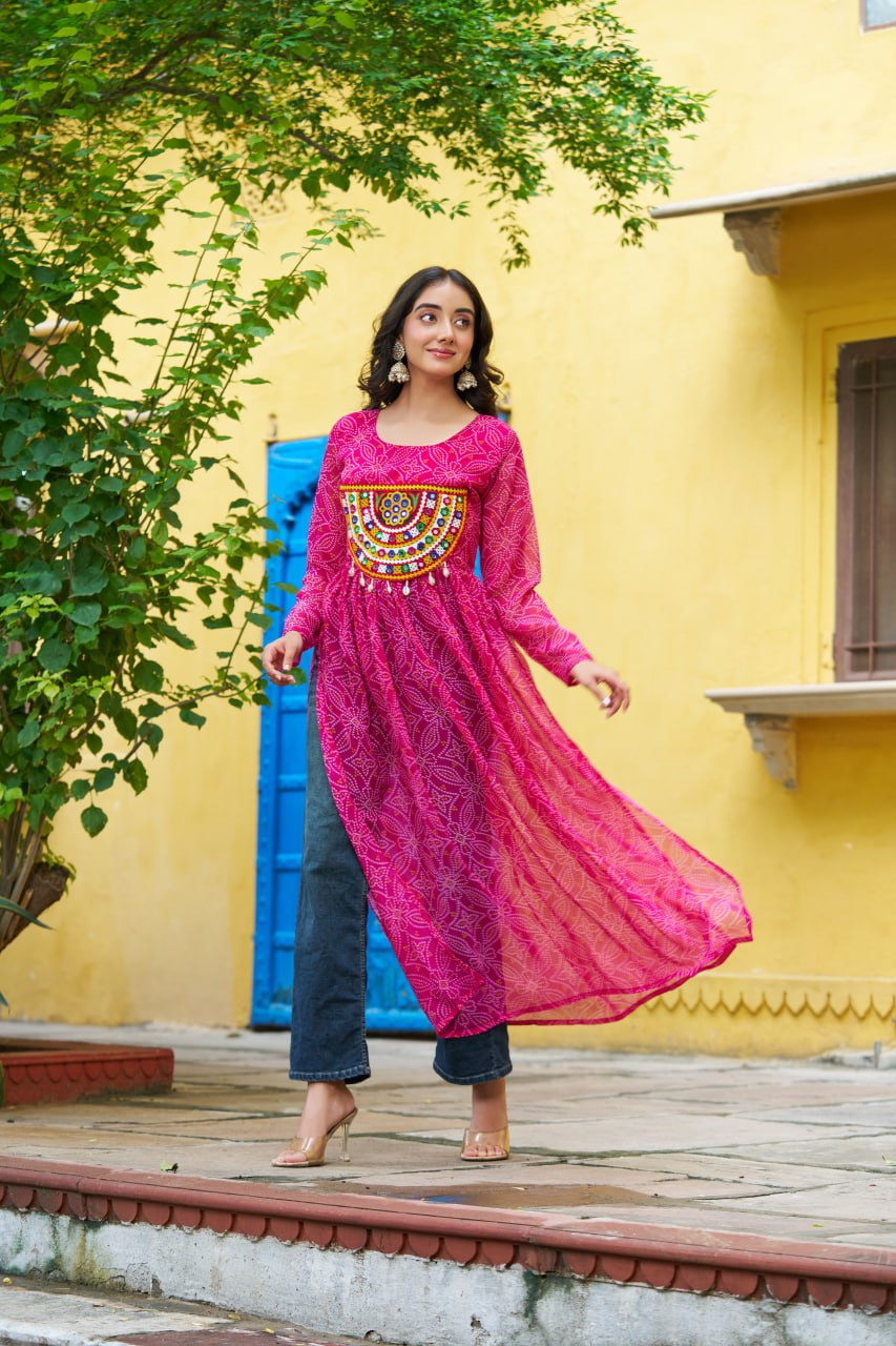 Pink Navratri Special Bandhej Print Kurti with Kutchi Patch Work