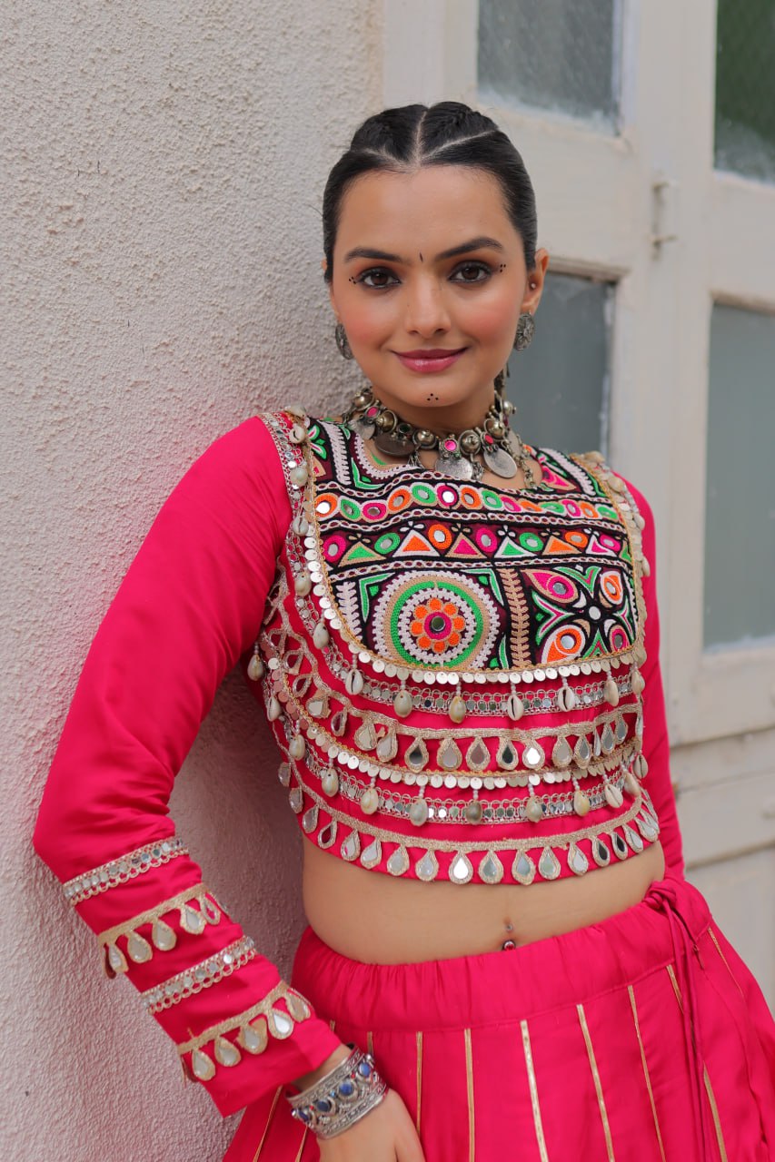 Pink Navratri Special Roman Fabric Lehenga Choli with Kutchi Gamthi & Mirror Work