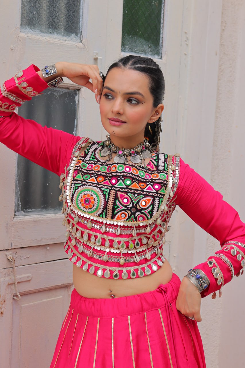 Pink Navratri Special Roman Fabric Lehenga Choli with Kutchi Gamthi & Mirror Work