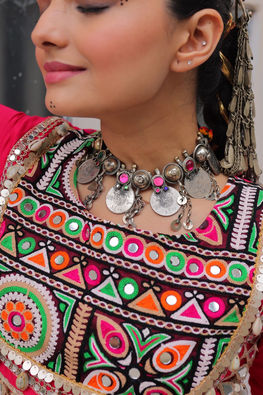 Pink Navratri Special Roman Fabric Lehenga Choli with Kutchi Gamthi & Mirror Work