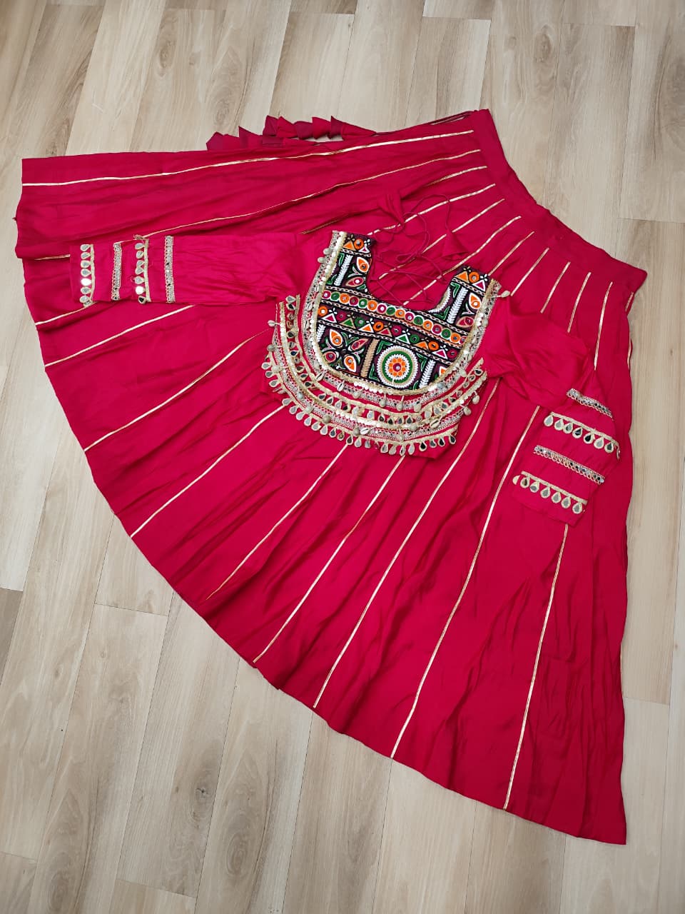 Pink Navratri Special Roman Fabric Lehenga Choli with Kutchi Gamthi & Mirror Work