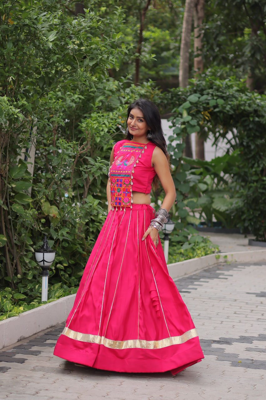 Pink Navratri Special Roman Fabric Lehenga Choli with Kutchi Gamthi & Mirror Work