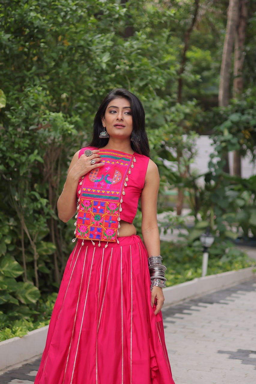Pink Navratri Special Roman Fabric Lehenga Choli with Kutchi Gamthi & Mirror Work