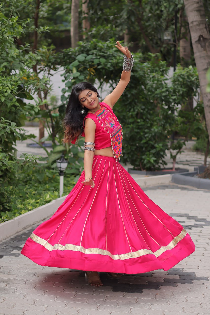 Pink Navratri Special Roman Fabric Lehenga Choli with Kutchi Gamthi & Mirror Work