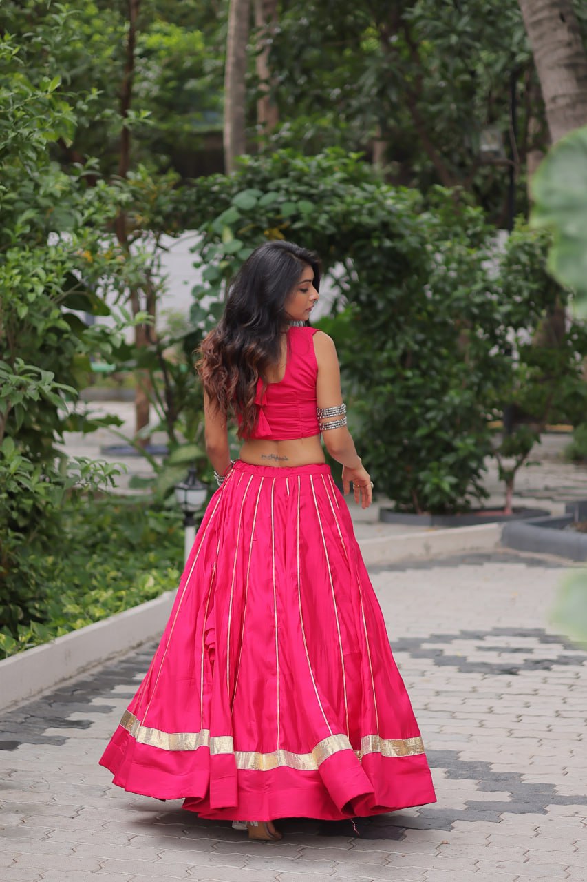 Pink Navratri Special Roman Fabric Lehenga Choli with Kutchi Gamthi & Mirror Work
