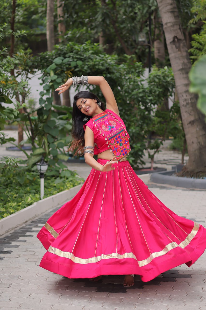 Pink Navratri Special Roman Fabric Lehenga Choli with Kutchi Gamthi & Mirror Work