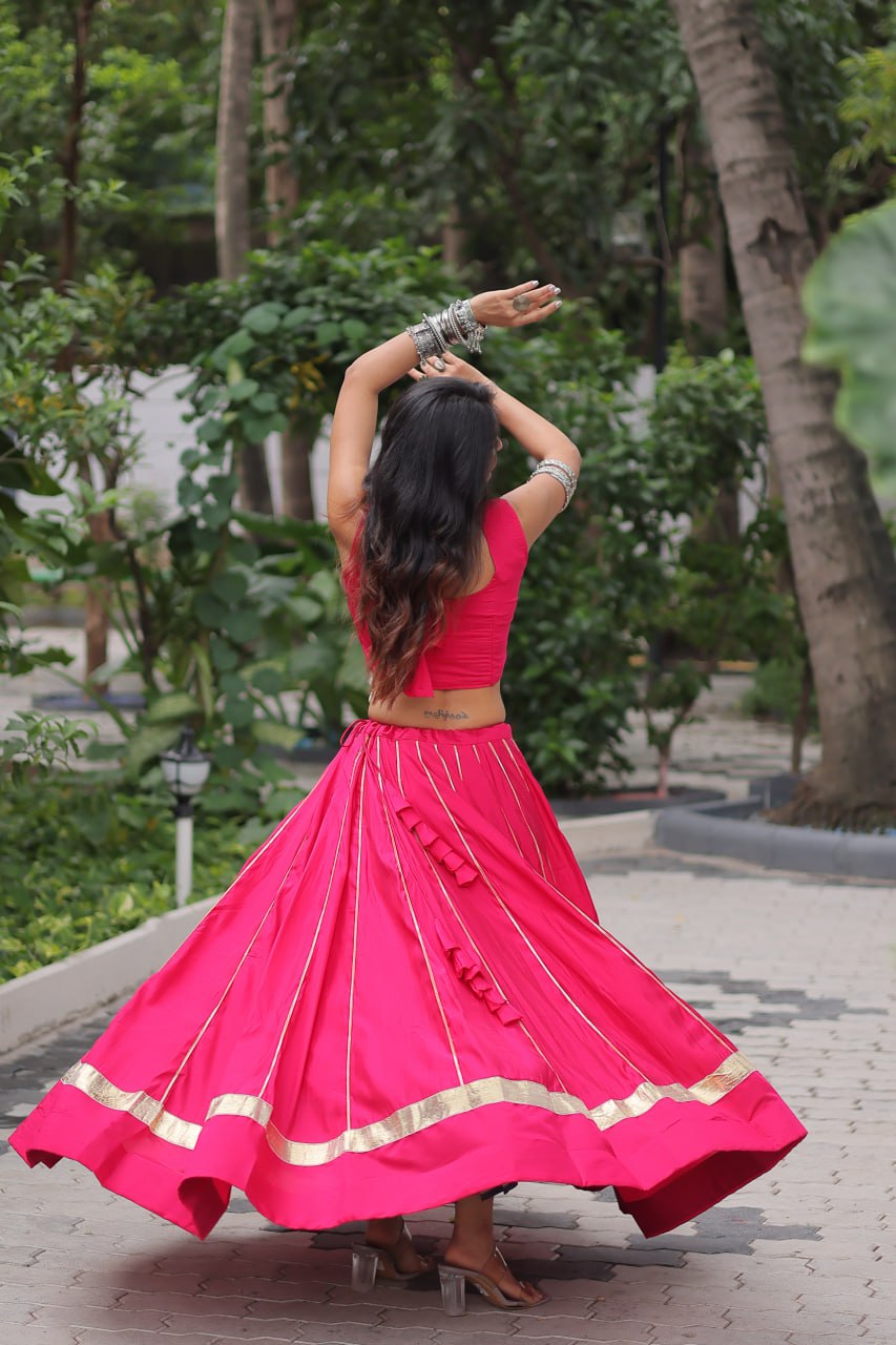 Pink Navratri Special Roman Fabric Lehenga Choli with Kutchi Gamthi & Mirror Work