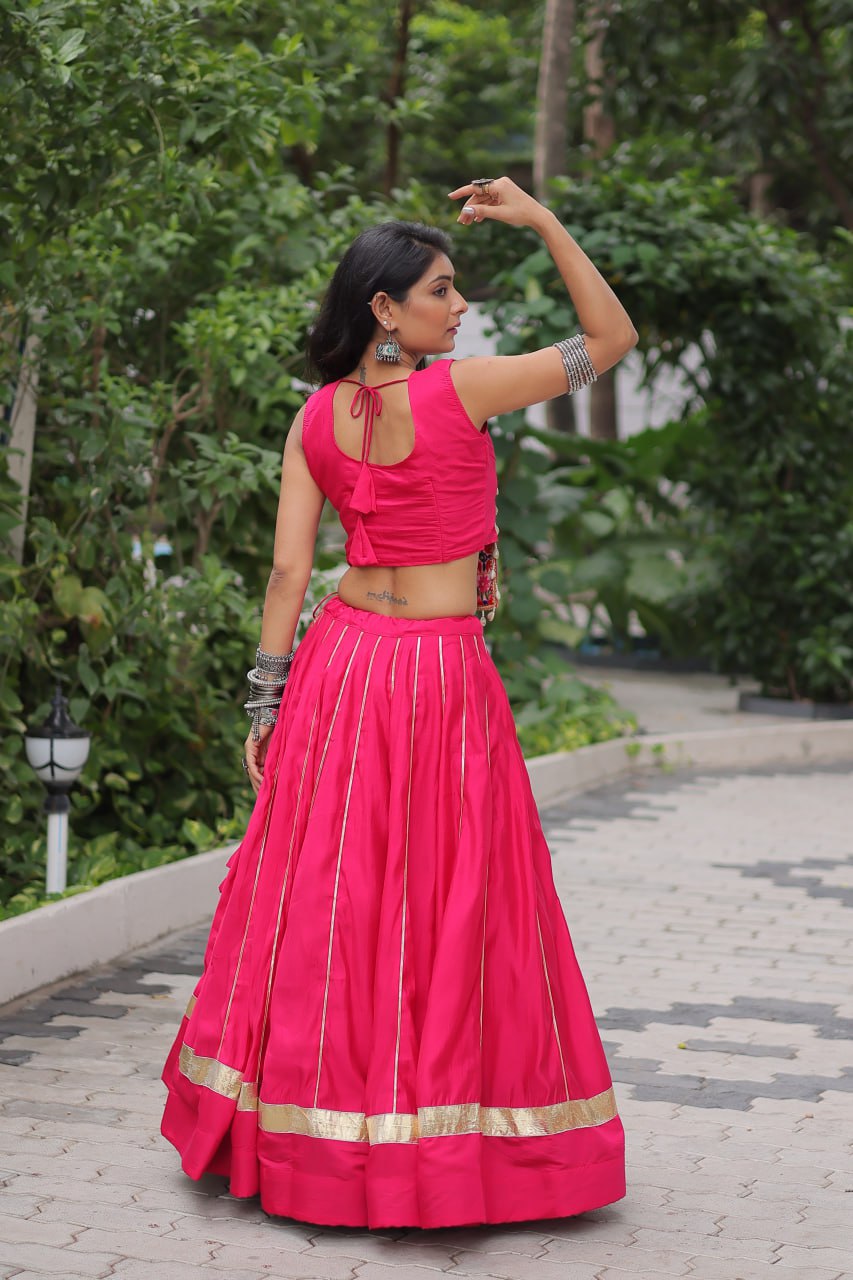 Pink Navratri Special Roman Fabric Lehenga Choli with Kutchi Gamthi & Mirror Work