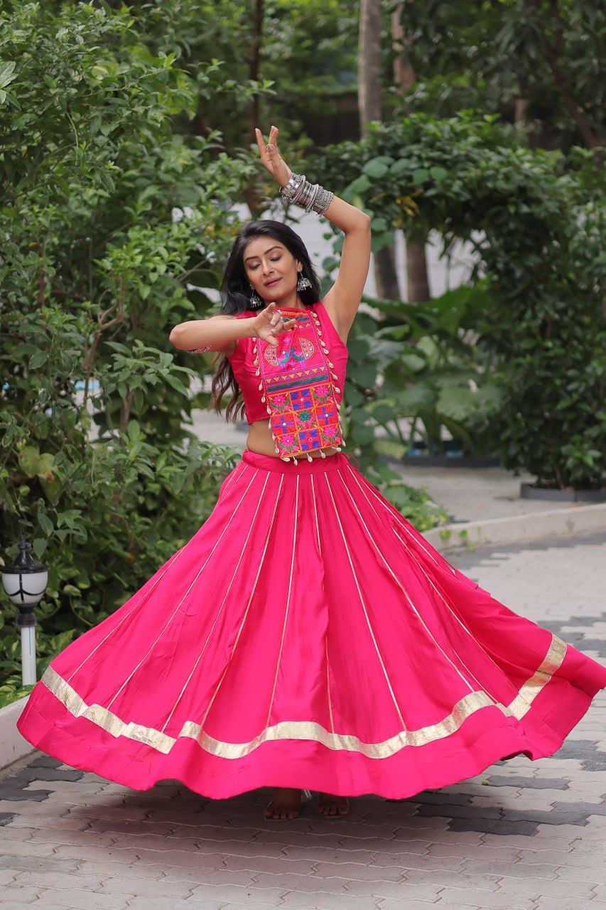 Pink Navratri Special Roman Fabric Lehenga Choli with Kutchi Gamthi & Mirror Work