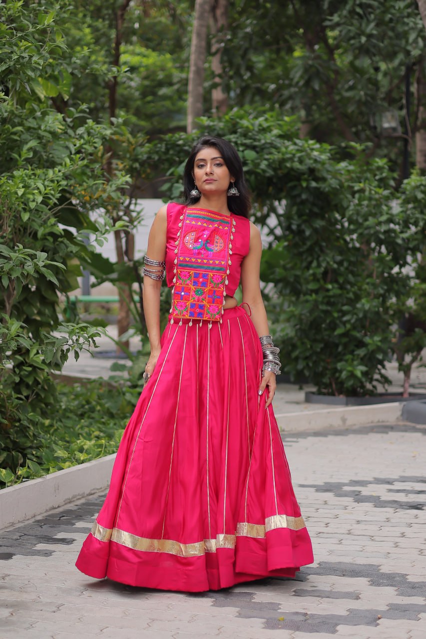 Pink Navratri Special Roman Fabric Lehenga Choli with Kutchi Gamthi & Mirror Work