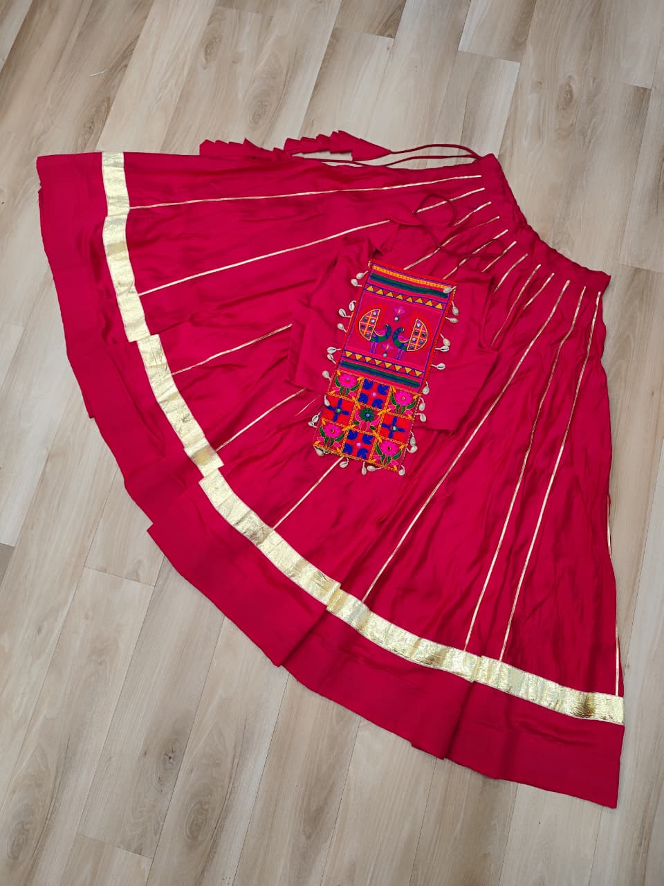 Pink Navratri Special Roman Fabric Lehenga Choli with Kutchi Gamthi & Mirror Work