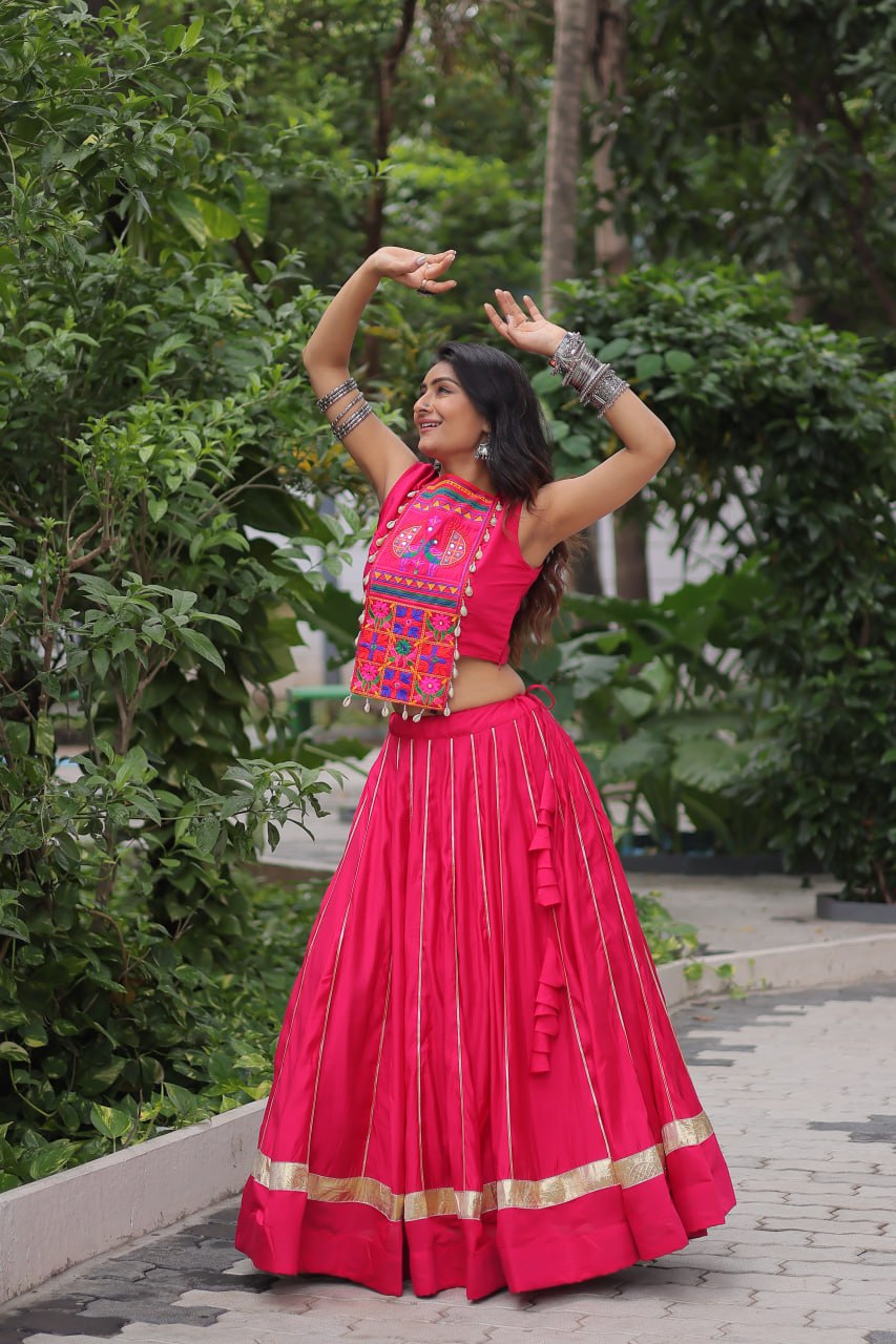 Pink Navratri Special Roman Fabric Lehenga Choli with Kutchi Gamthi & Mirror Work