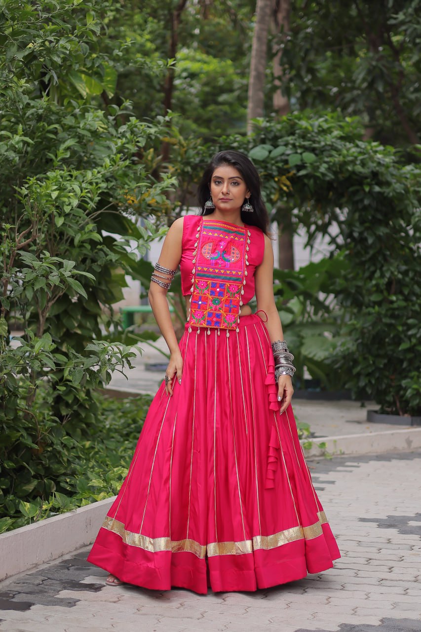 Pink Navratri Special Roman Fabric Lehenga Choli with Kutchi Gamthi & Mirror Work