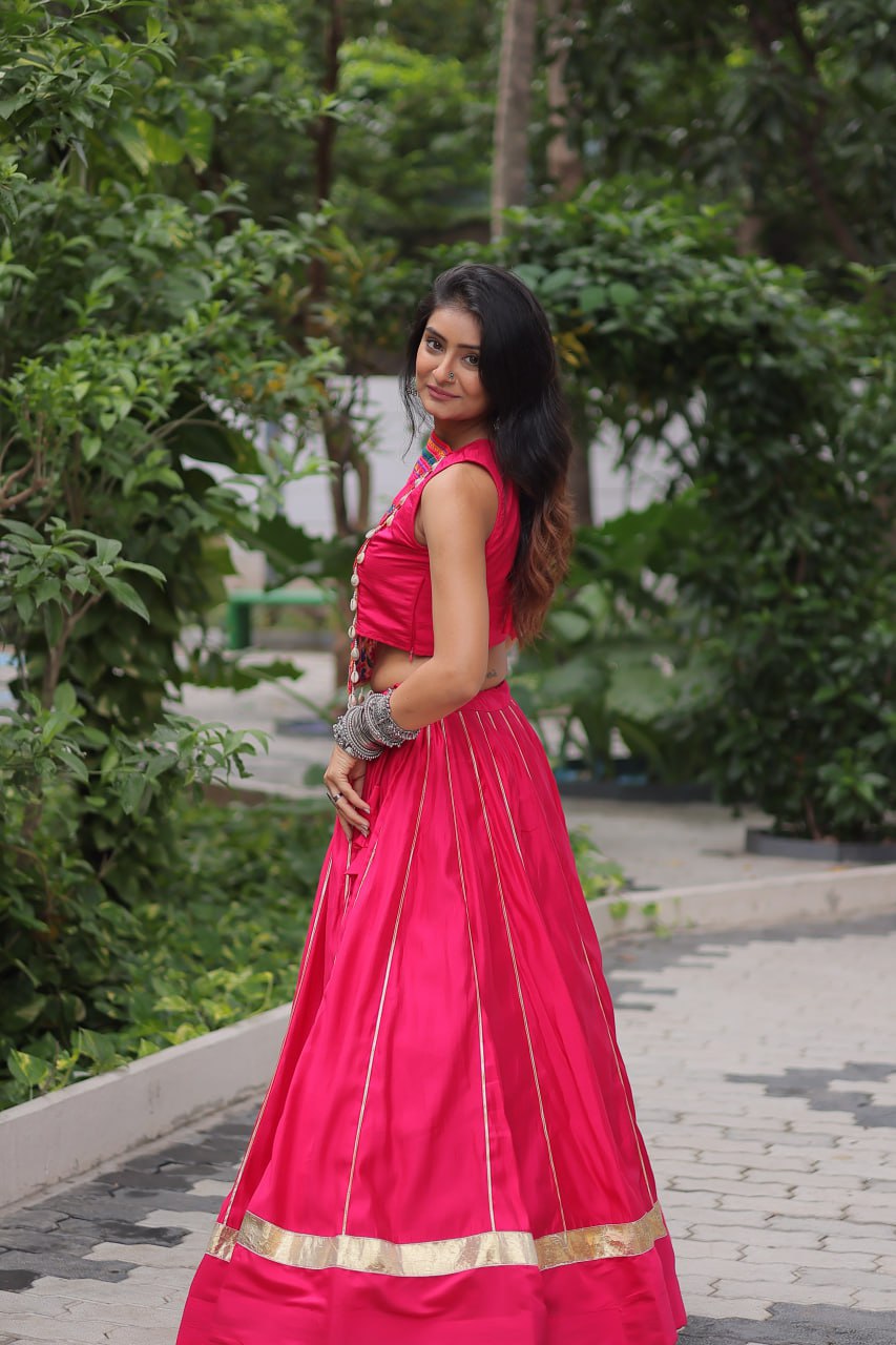 Pink Navratri Special Roman Fabric Lehenga Choli with Kutchi Gamthi & Mirror Work