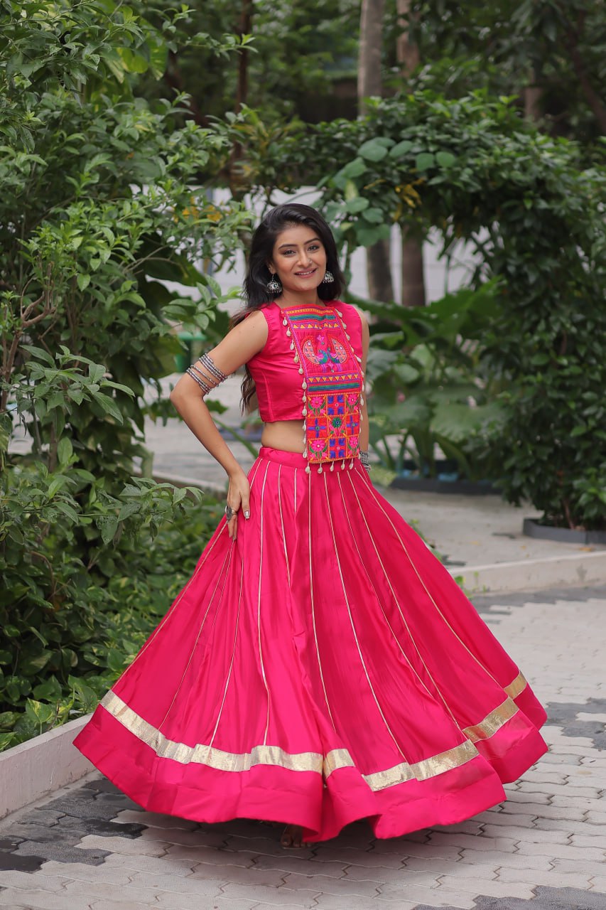 Pink Navratri Special Roman Fabric Lehenga Choli with Kutchi Gamthi & Mirror Work