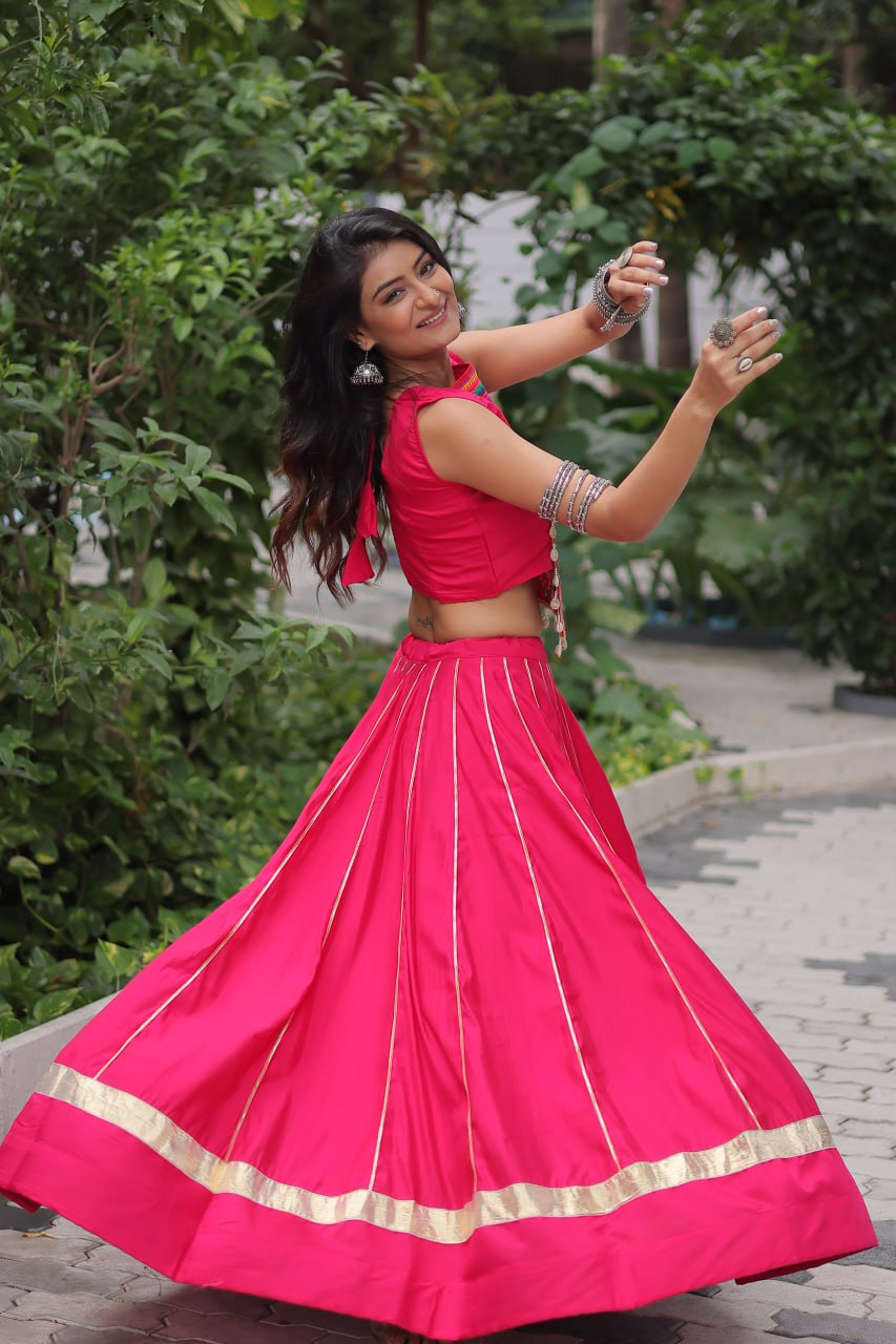 Pink Navratri Special Roman Fabric Lehenga Choli with Kutchi Gamthi & Mirror Work