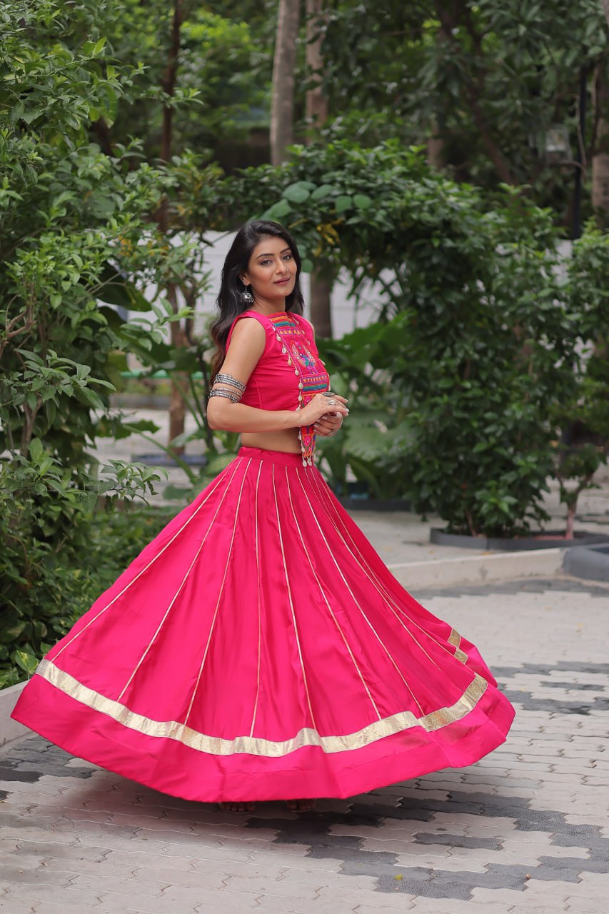 Pink Navratri Special Roman Fabric Lehenga Choli with Kutchi Gamthi & Mirror Work
