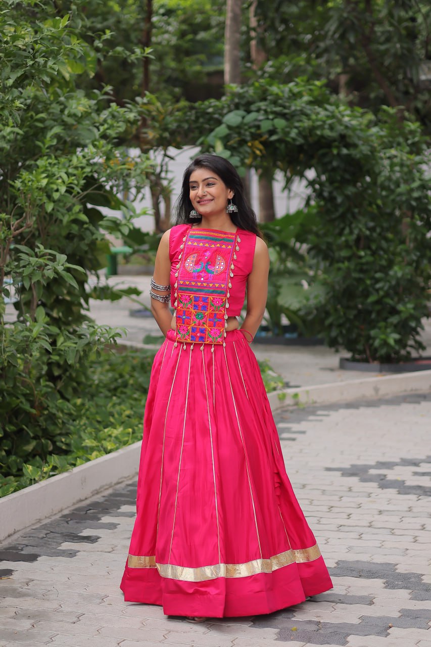 Pink Navratri Special Roman Fabric Lehenga Choli with Kutchi Gamthi & Mirror Work