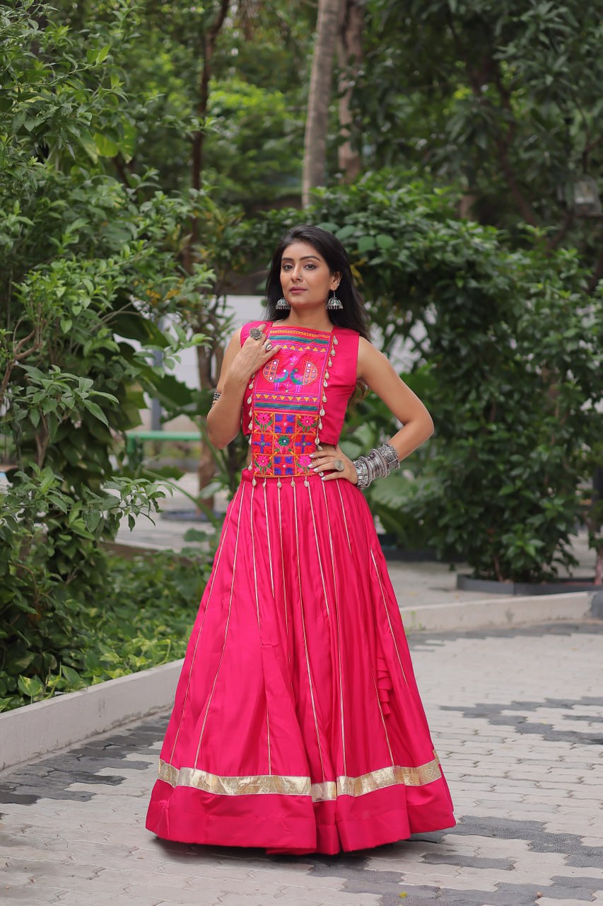 Pink Navratri Special Roman Fabric Lehenga Choli with Kutchi Gamthi & Mirror Work