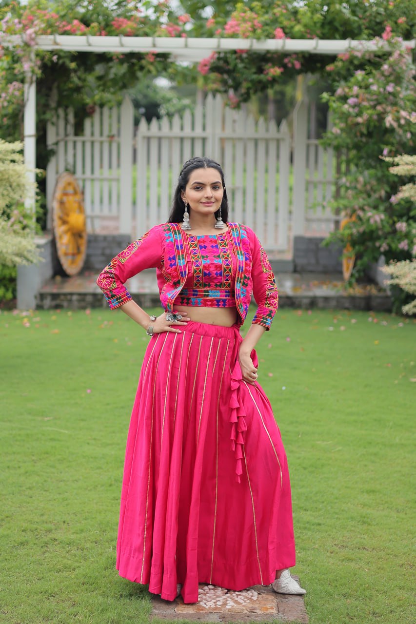 Pink Navratri Special Roman Fabric Lehenga Set with Kutchi Gamthi Embroidery & Gota Patti Lace