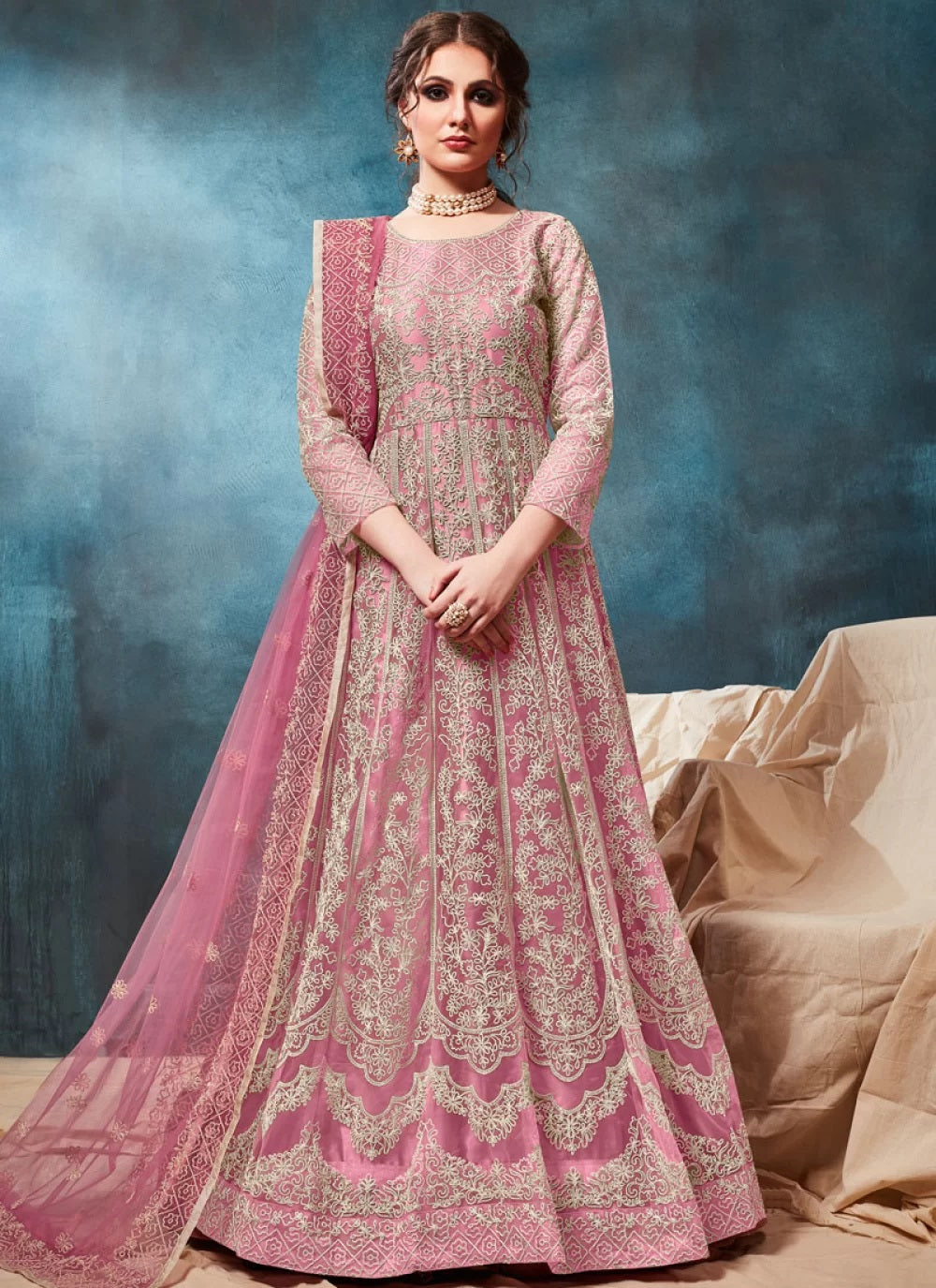 Pink net anarkali dress long