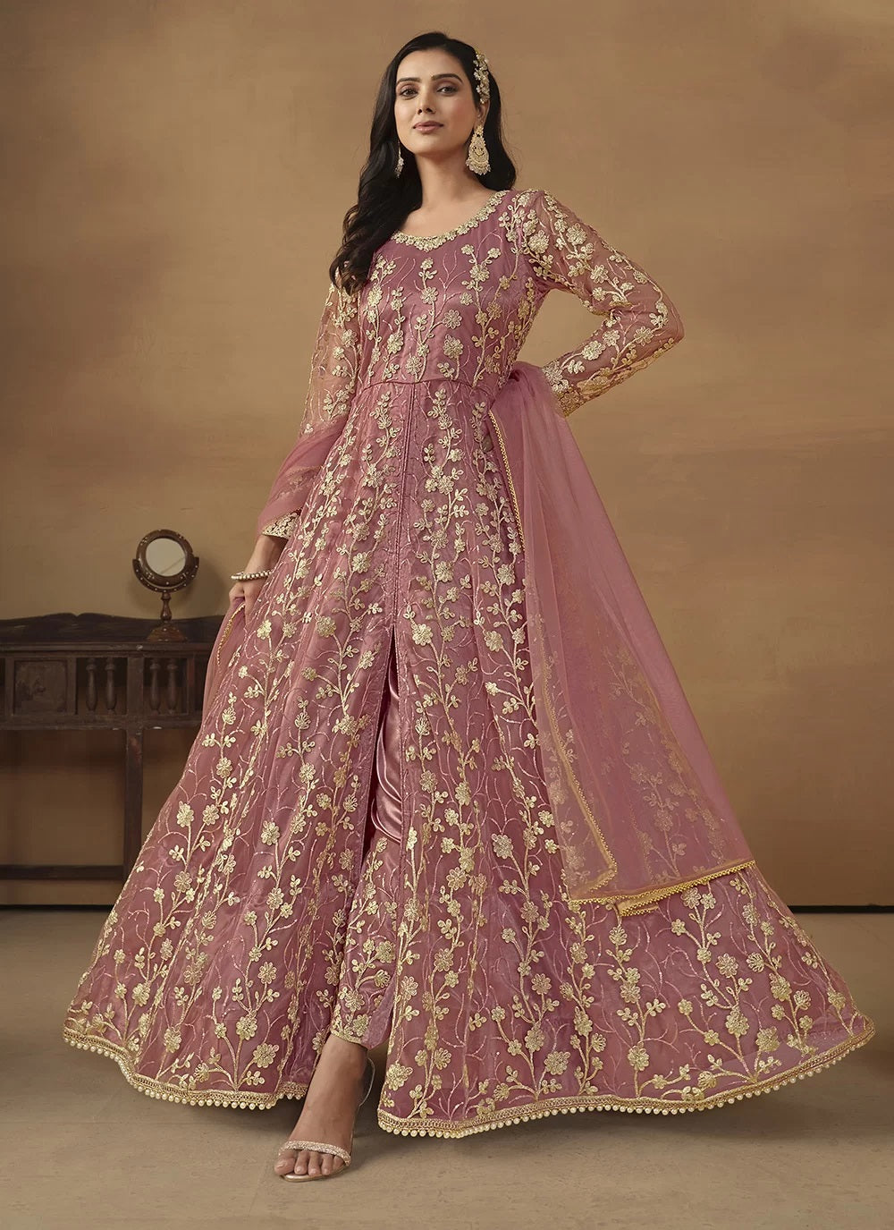 Pink net anarkali suit with embroidered pant