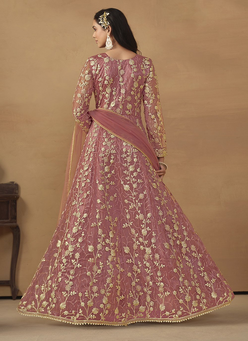 Pink net anarkali suit with embroidered pant