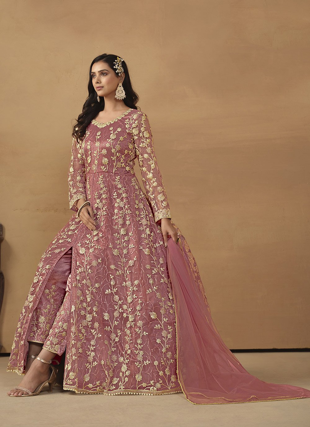Pink net anarkali suit with embroidered pant