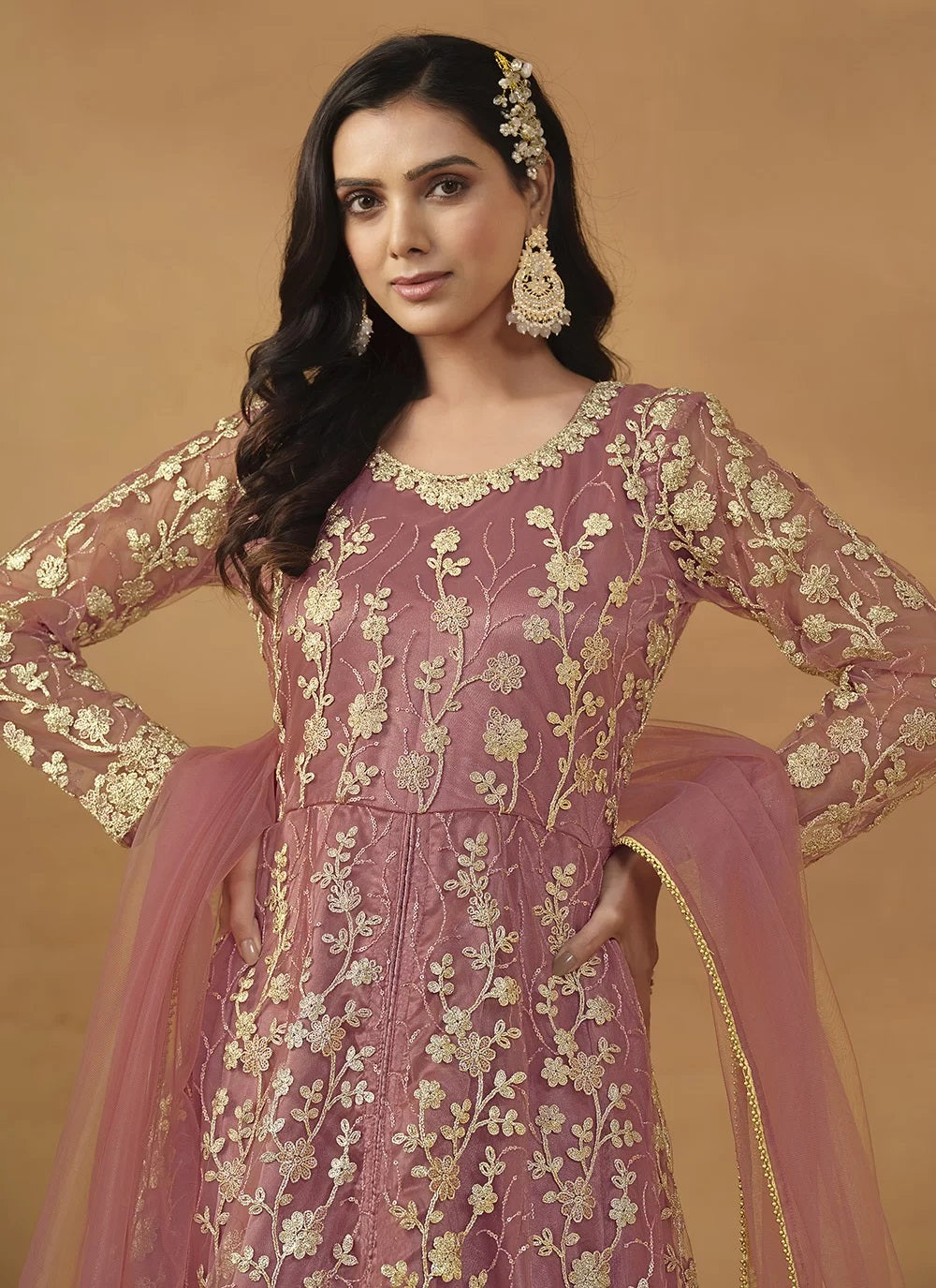 Pink net anarkali suit with embroidered pant