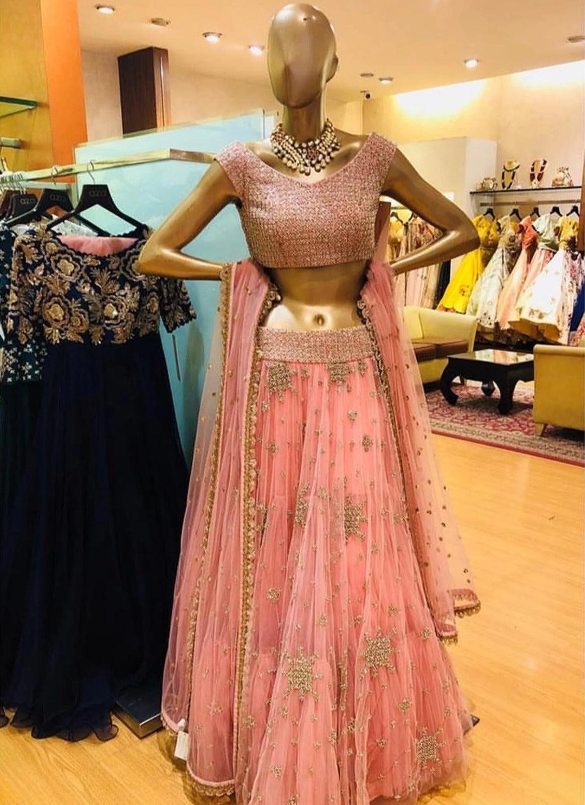 Pink Net Base Sequins Work Lehenga Choli