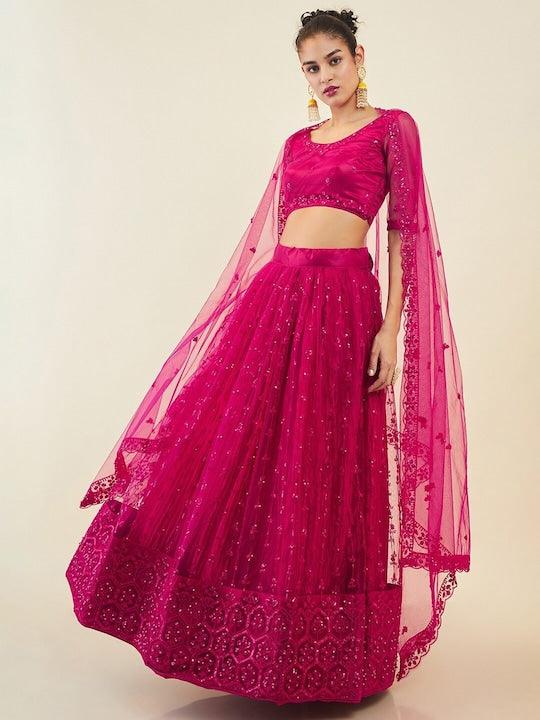 Pink Net embroidered and sequinned Flared lehenga Choli