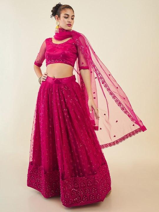 Pink Net embroidered and sequinned Flared lehenga Choli