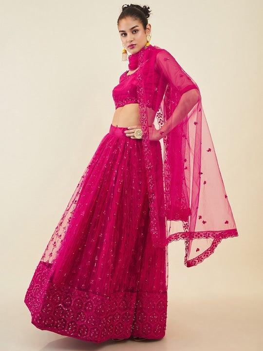 Pink Net embroidered and sequinned Flared lehenga Choli