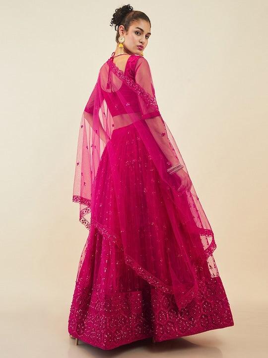 Pink Net embroidered and sequinned Flared lehenga Choli