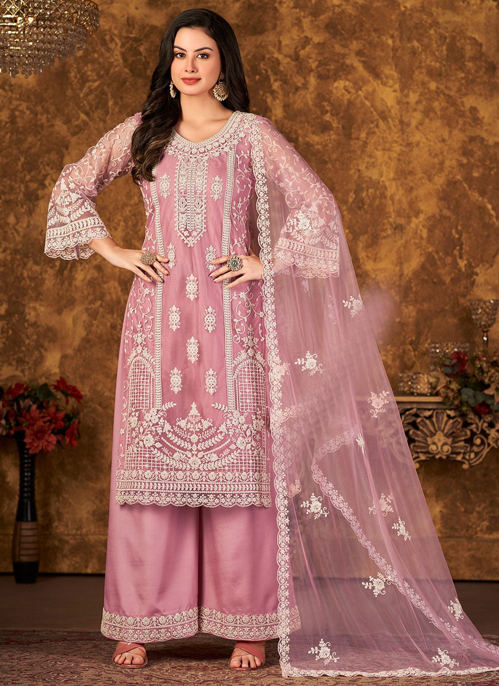 Pink net embroidered palazo salwar suit