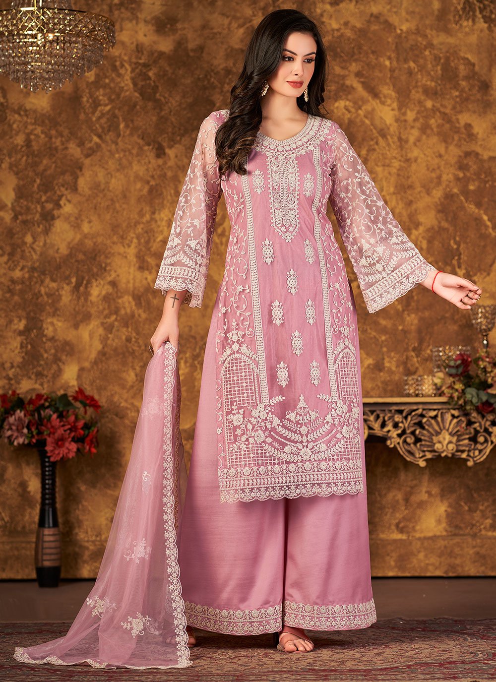 Pink net embroidered palazo salwar suit