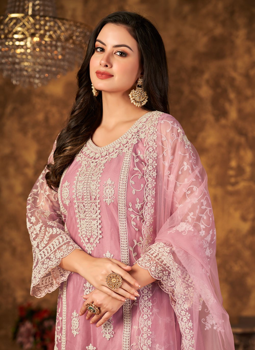 Pink net embroidered palazo salwar suit
