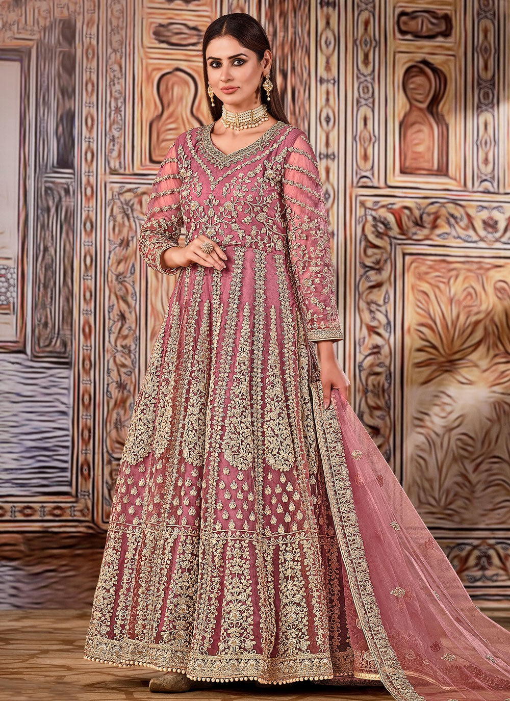 Pink net heavy embroidery work long anarkali suit for eid