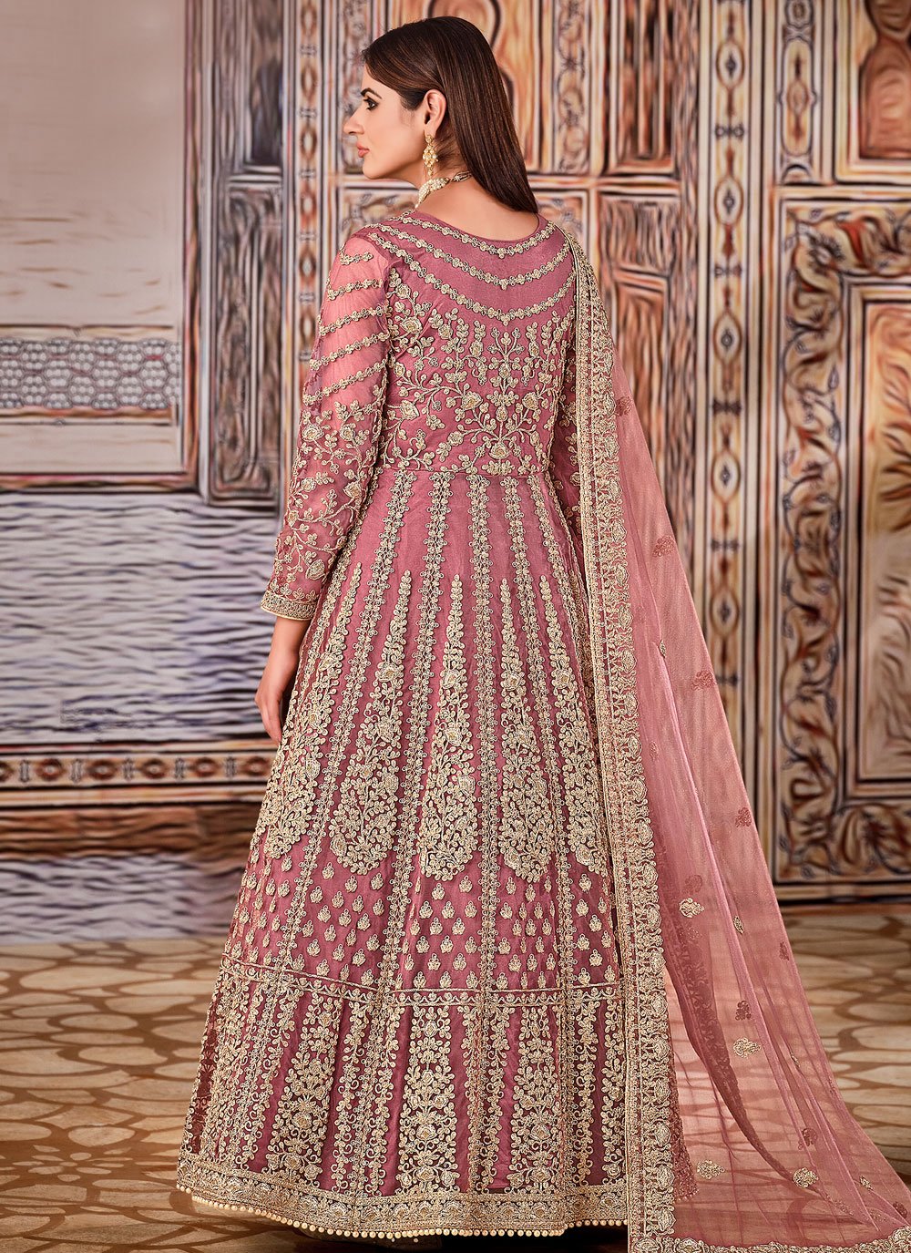 Pink net heavy embroidery work long anarkali suit for eid