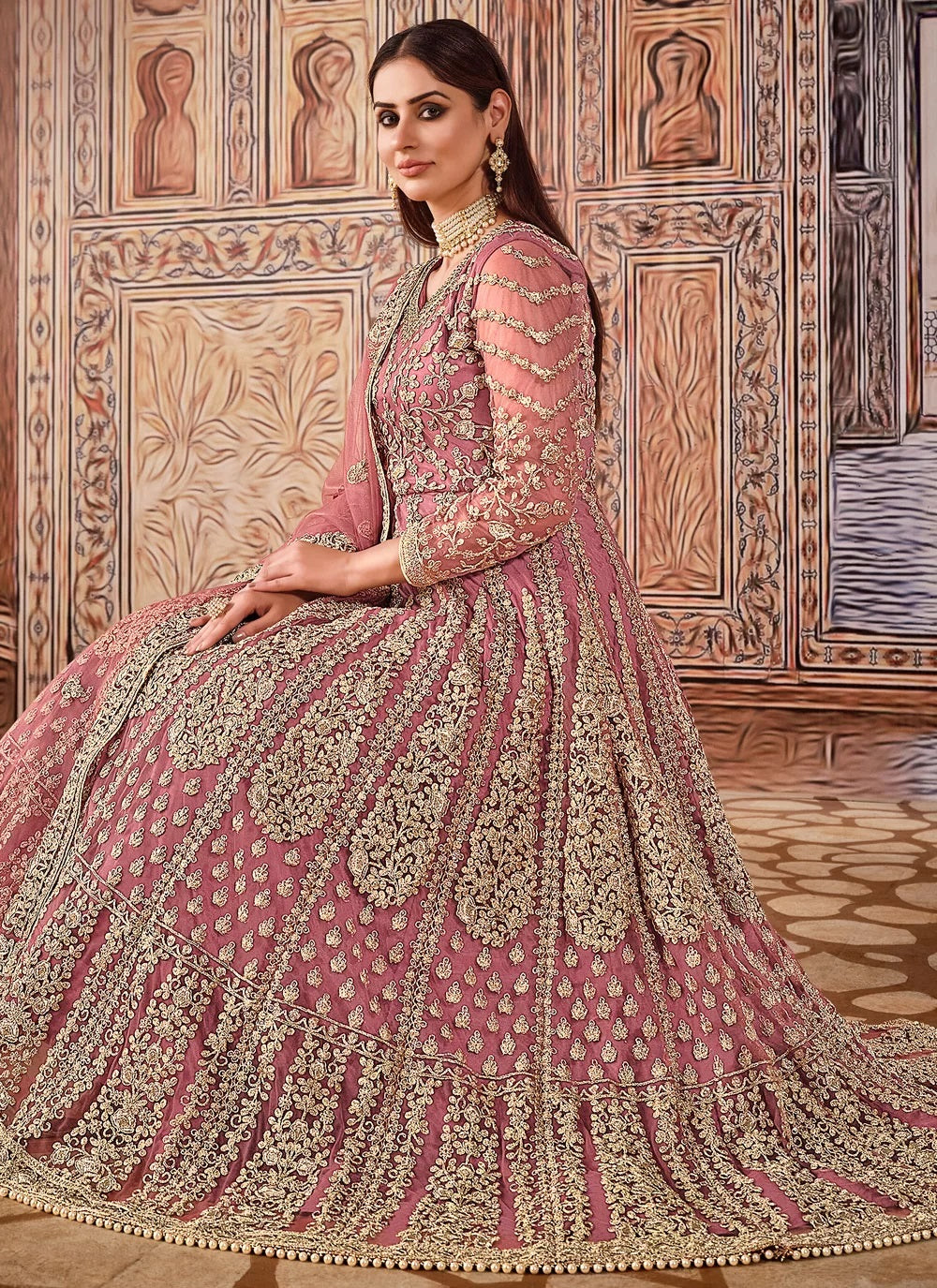 Pink net heavy embroidery work long anarkali suit for eid