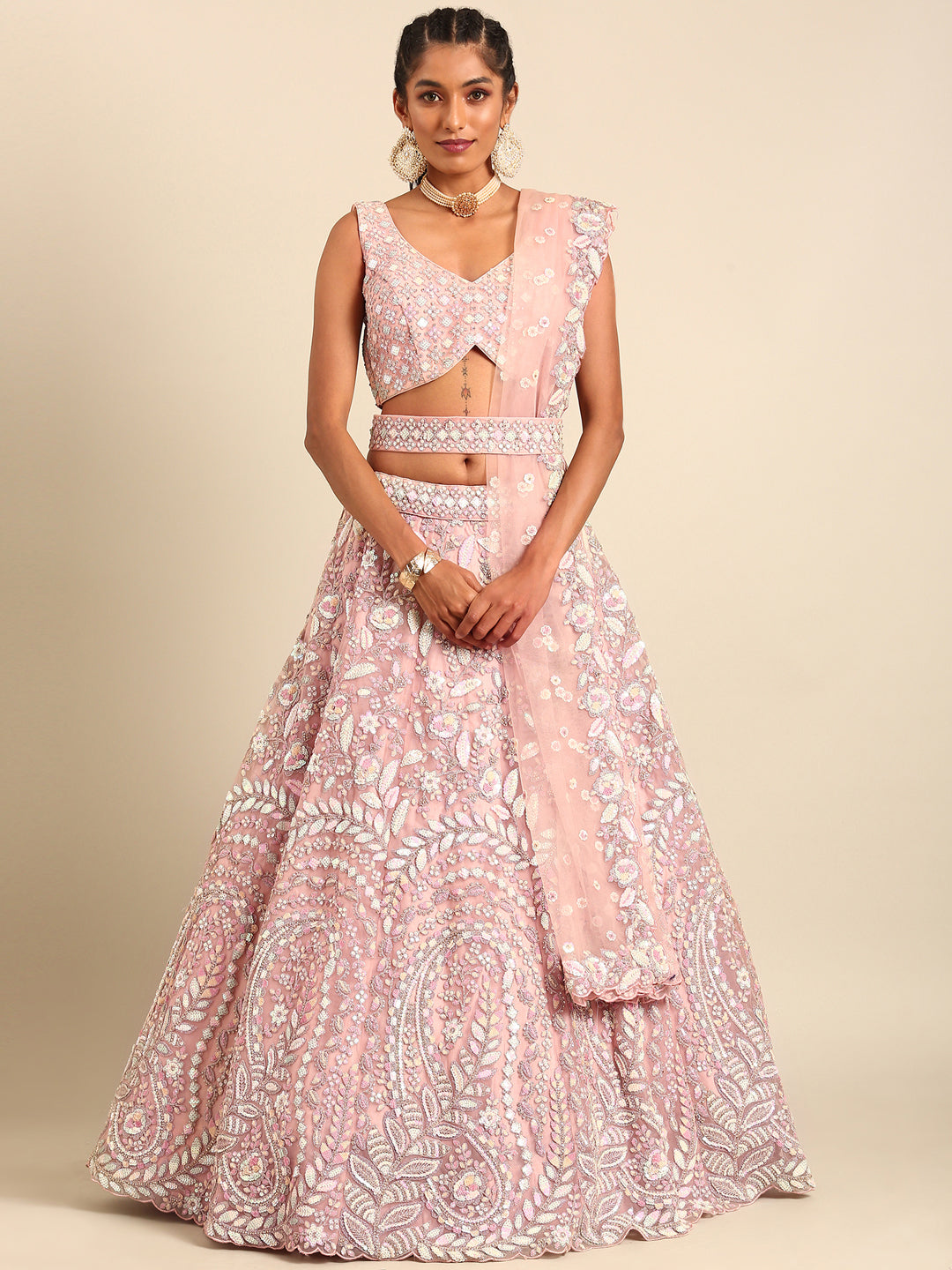 Pink Net Multi Sequins with heavy Zarkan embroidery Semi-Stitched Lehenga choli & Dupatta