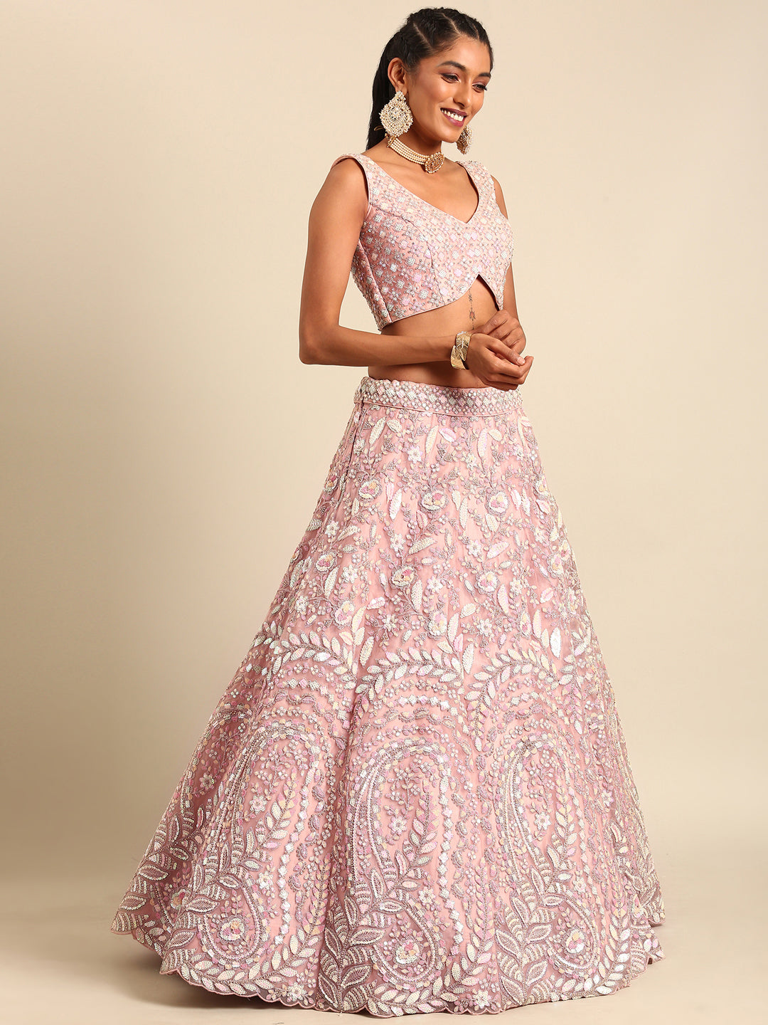 Pink Net Multi Sequins with heavy Zarkan embroidery Semi-Stitched Lehenga choli & Dupatta
