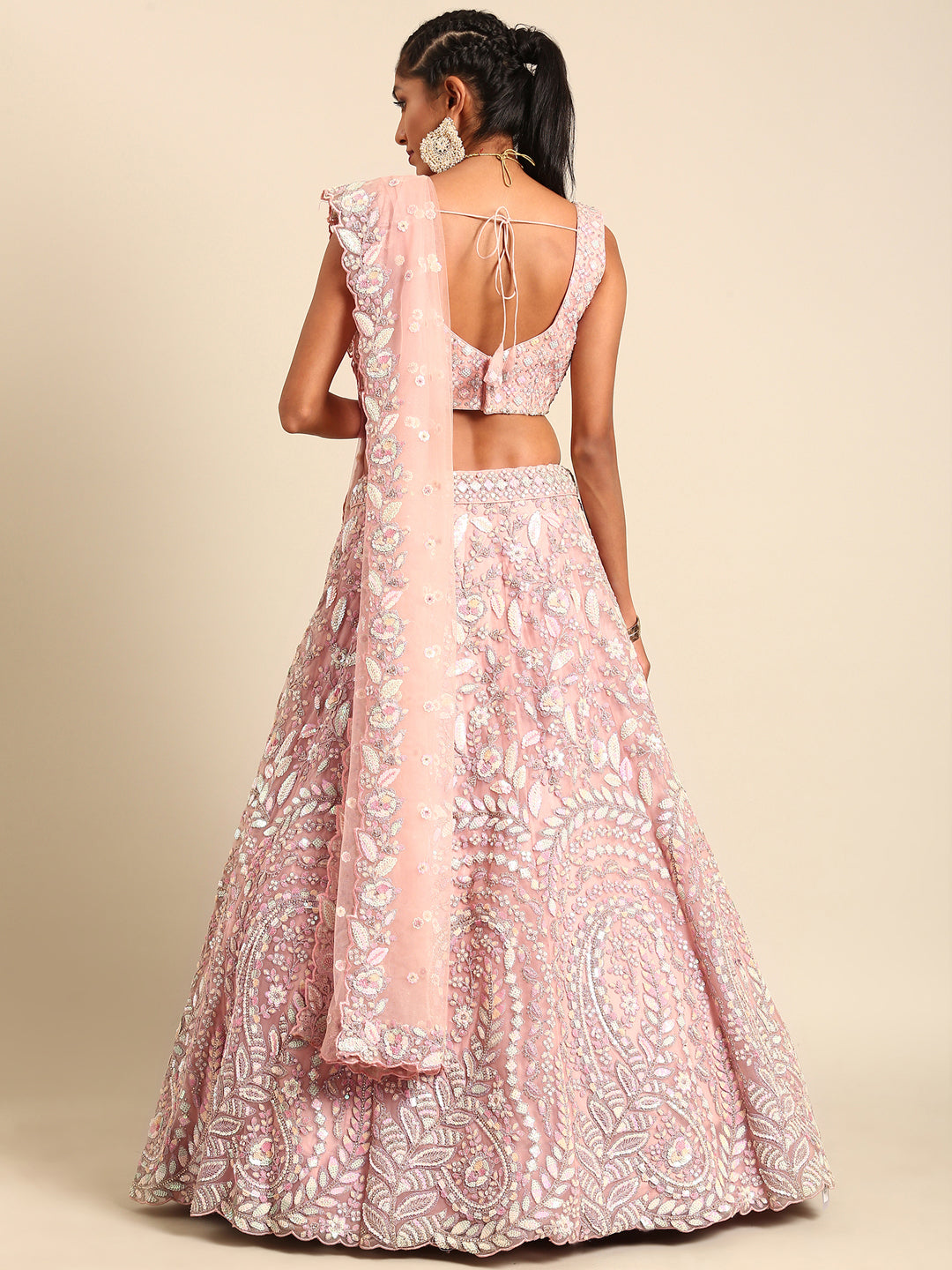 Pink Net Multi Sequins with heavy Zarkan embroidery Semi-Stitched Lehenga choli & Dupatta