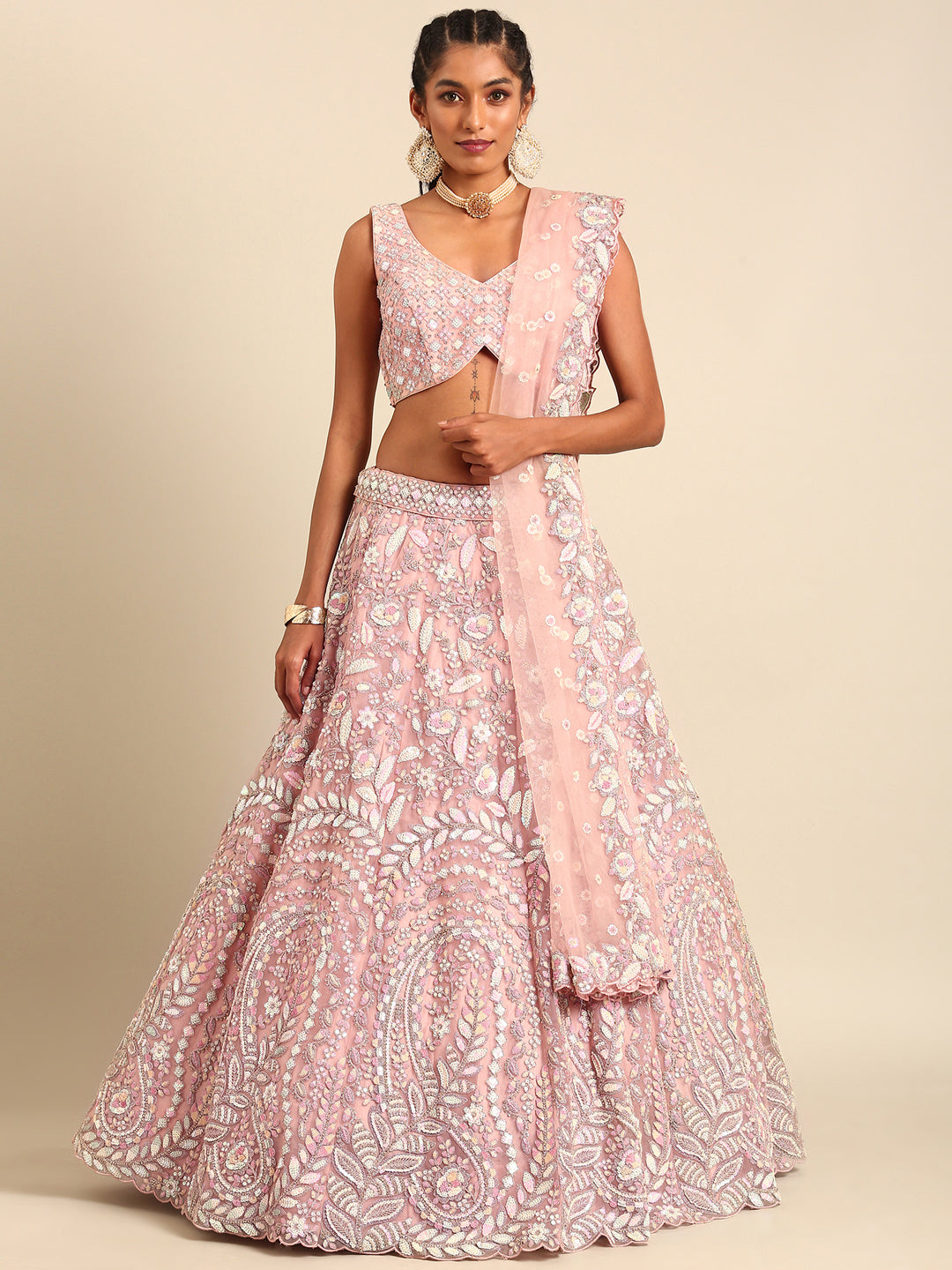 Pink Net Multi Sequins with heavy Zarkan embroidery Semi-Stitched Lehenga choli & Dupatta