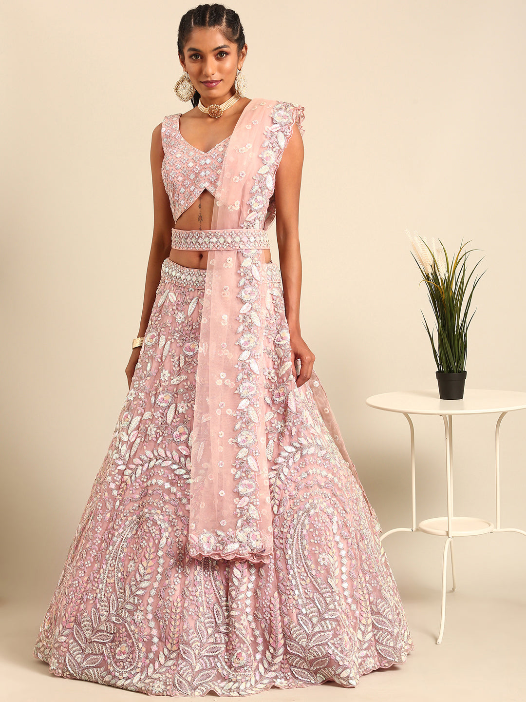 Pink Net Multi Sequins with heavy Zarkan embroidery Semi-Stitched Lehenga choli & Dupatta