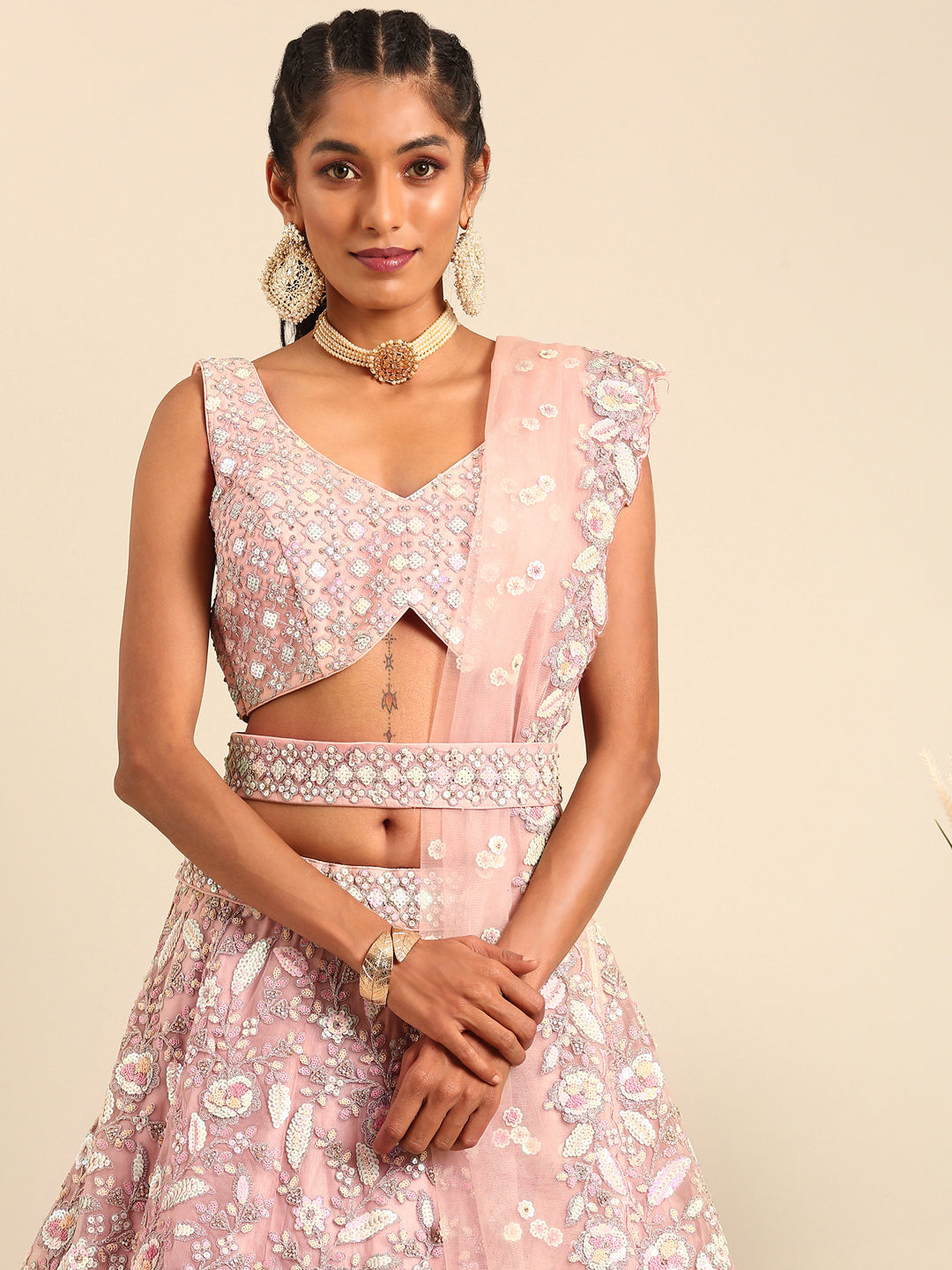 Pink Net Multi Sequins with heavy Zarkan embroidery Semi-Stitched Lehenga choli & Dupatta